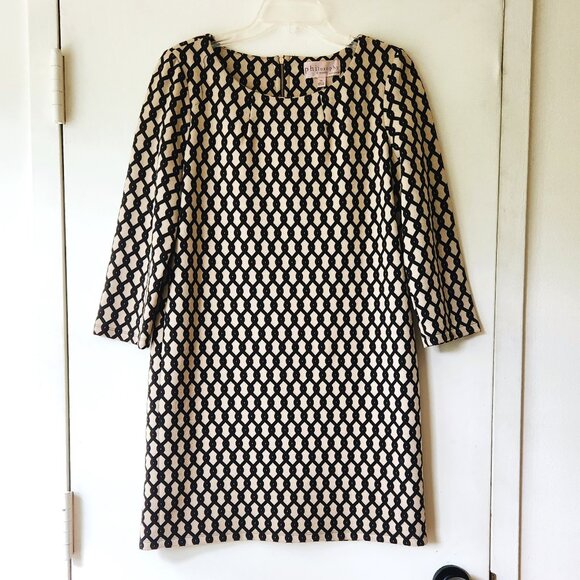 Philosophy Sz 10 Ponte Knit Black Beige Tan Chain Print Long Sleeve Shift Dress - Picture 8 of 14